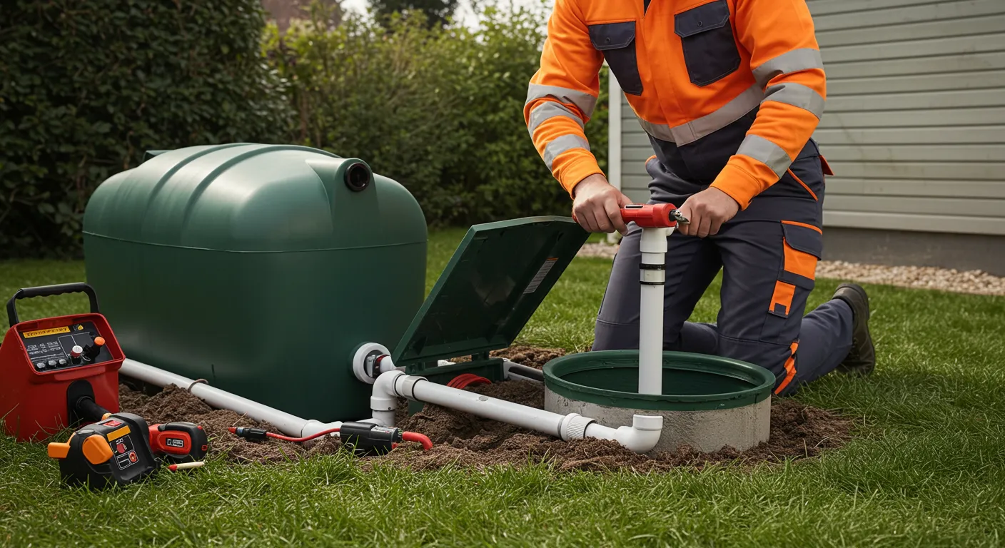 Emergency Septic Services in Kingston, New York — Technician in high-visibility gear repairing a septic tank riser and piping in a back yard