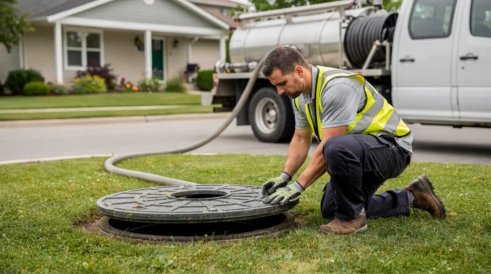 Opening a septic tank access lid to check system condition during routine maintenance.