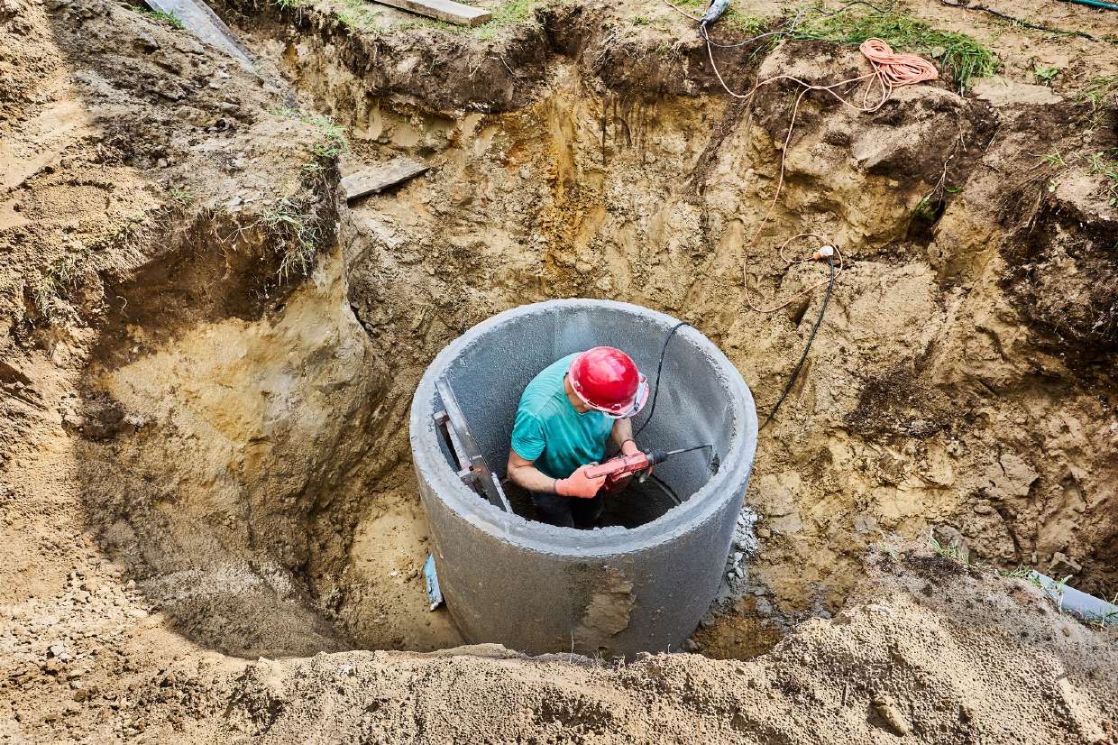 Septic Repair in Kingston, NY — Technician inside a concrete septic tank ring during installation