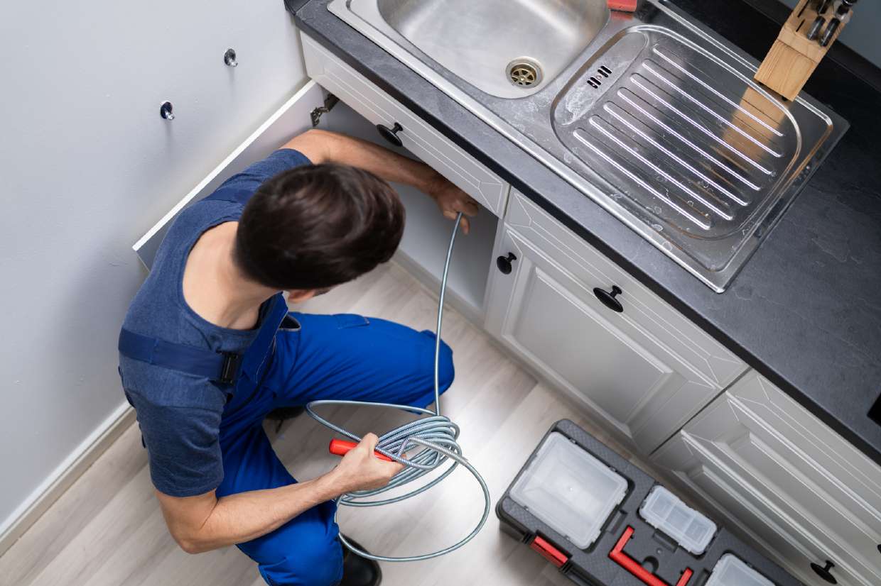 Sewer Snaking / Roto-Rooter Service in Kingston, NY — Plumber running a drain snake under a kitchen sink