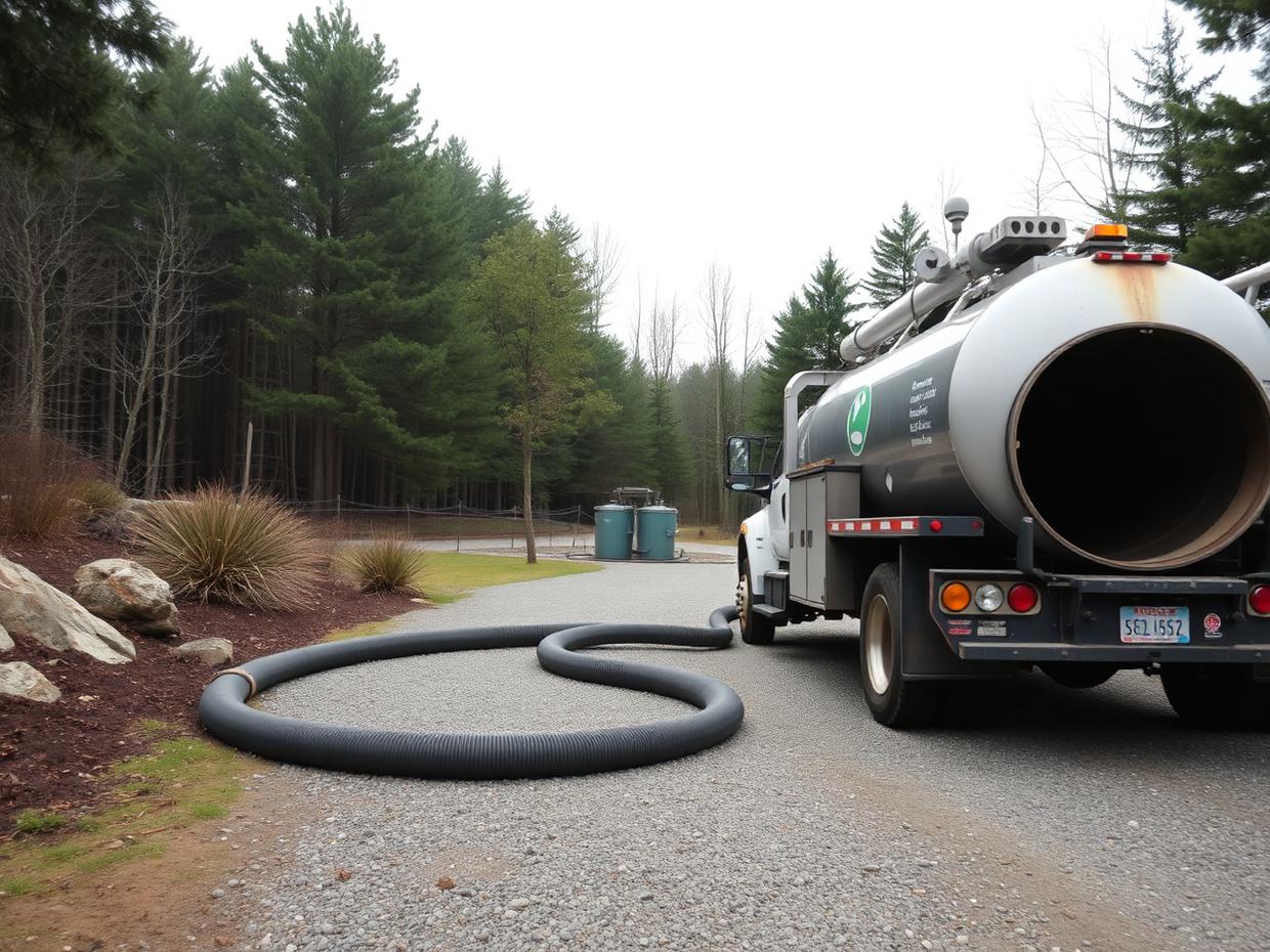 Septic Repair job in Hurley, NY — Vacuum hose run from a pump truck to a tank access on a gravel drive