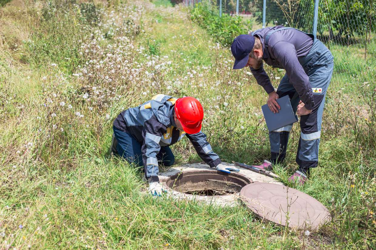 Septic Inspection service in Kingston, NY — Two septic inspectors examining an open tank access