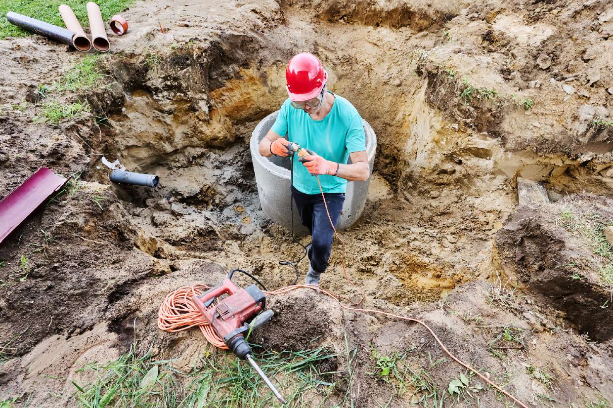 Septic Repair service in Kingston, NY — Septic technician working inside a concrete tank riser during a repair