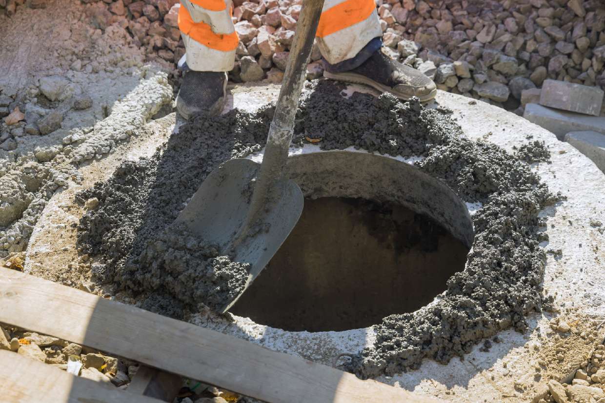 Concrete being placed around a septic access ring