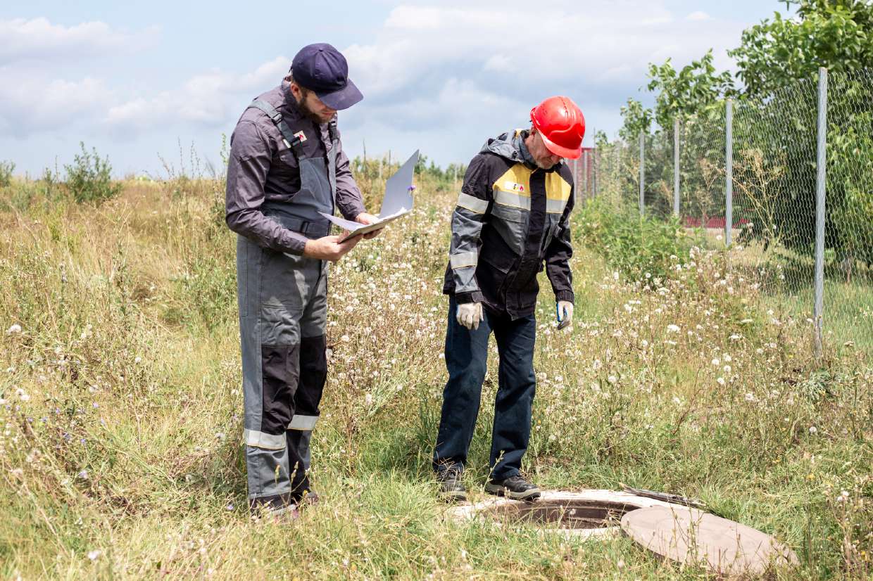 Septic professionals reviewing system findings on site