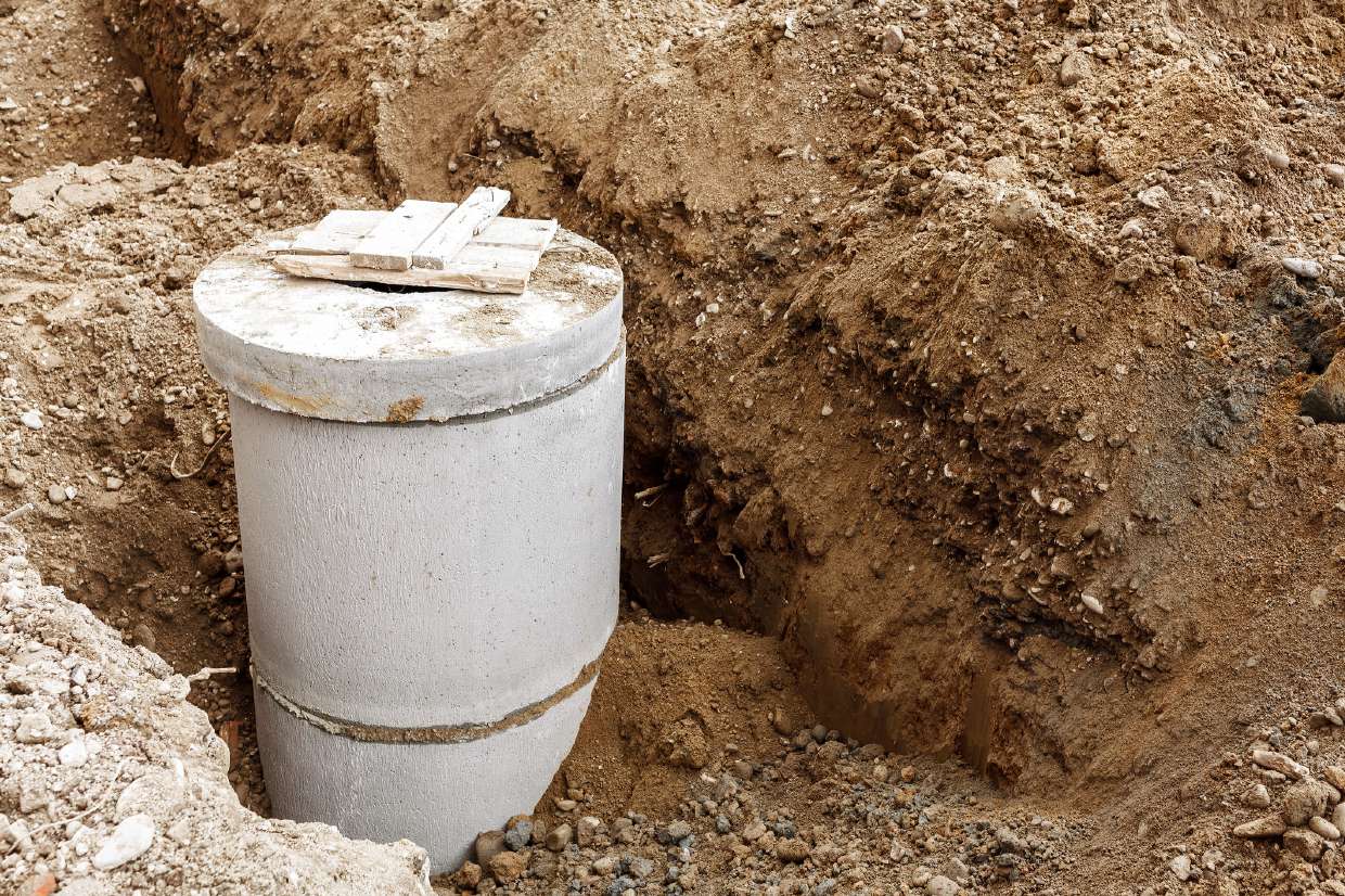 Septic Repair in Kingston, NY — Concrete septic riser set in an excavated hole