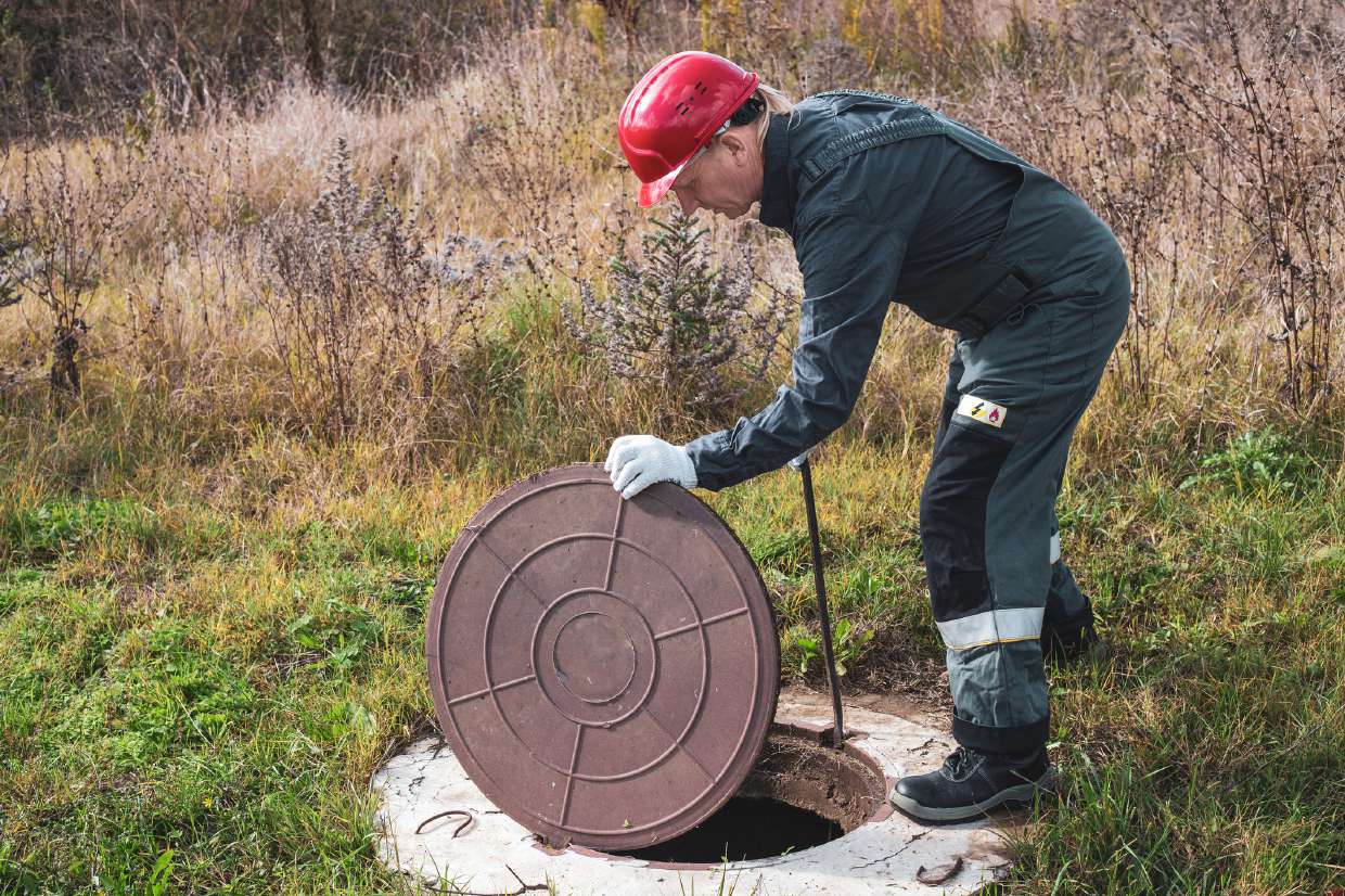 Technician lifting a septic tank manhole cover