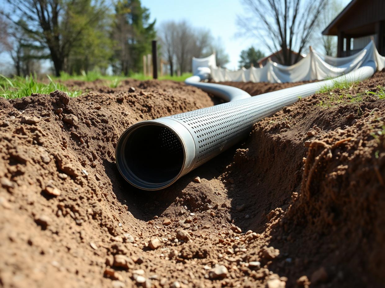 Inspector Septic crew performing sewer camera inspection near Hurley, NY — Perforated leach field pipe bedded in a gravel trench