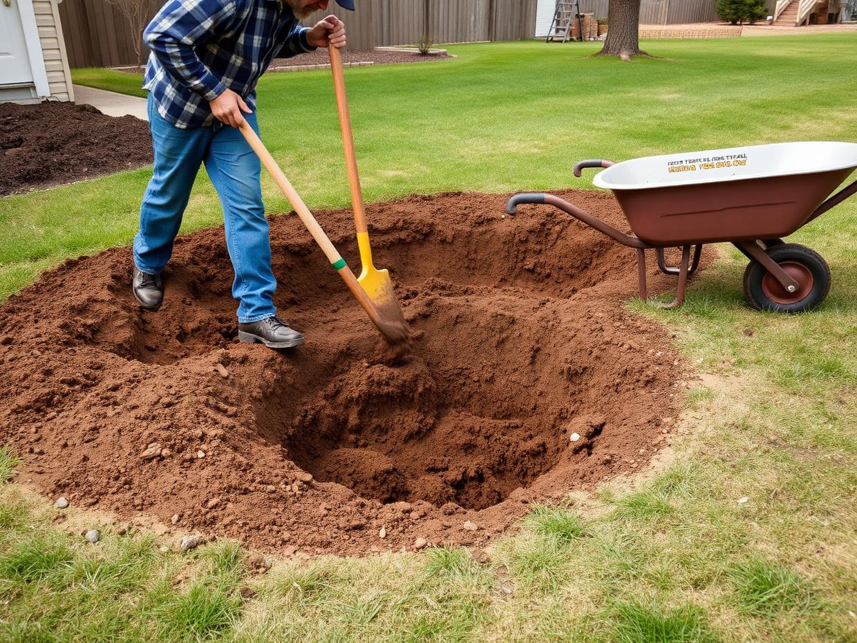 Inspector Septic crew performing septic tank & leach field locating/mapping near Kingston, NY — Worker backfilling and grading soil over a finished septic repair