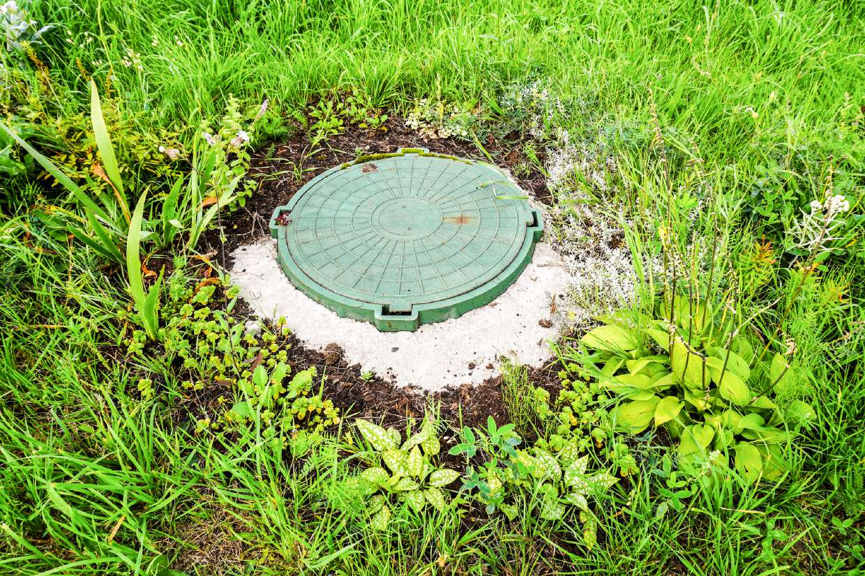 Septic Tank & Leach Field Locating/Mapping in Kingston, NY — Green septic access lid in a landscaped yard