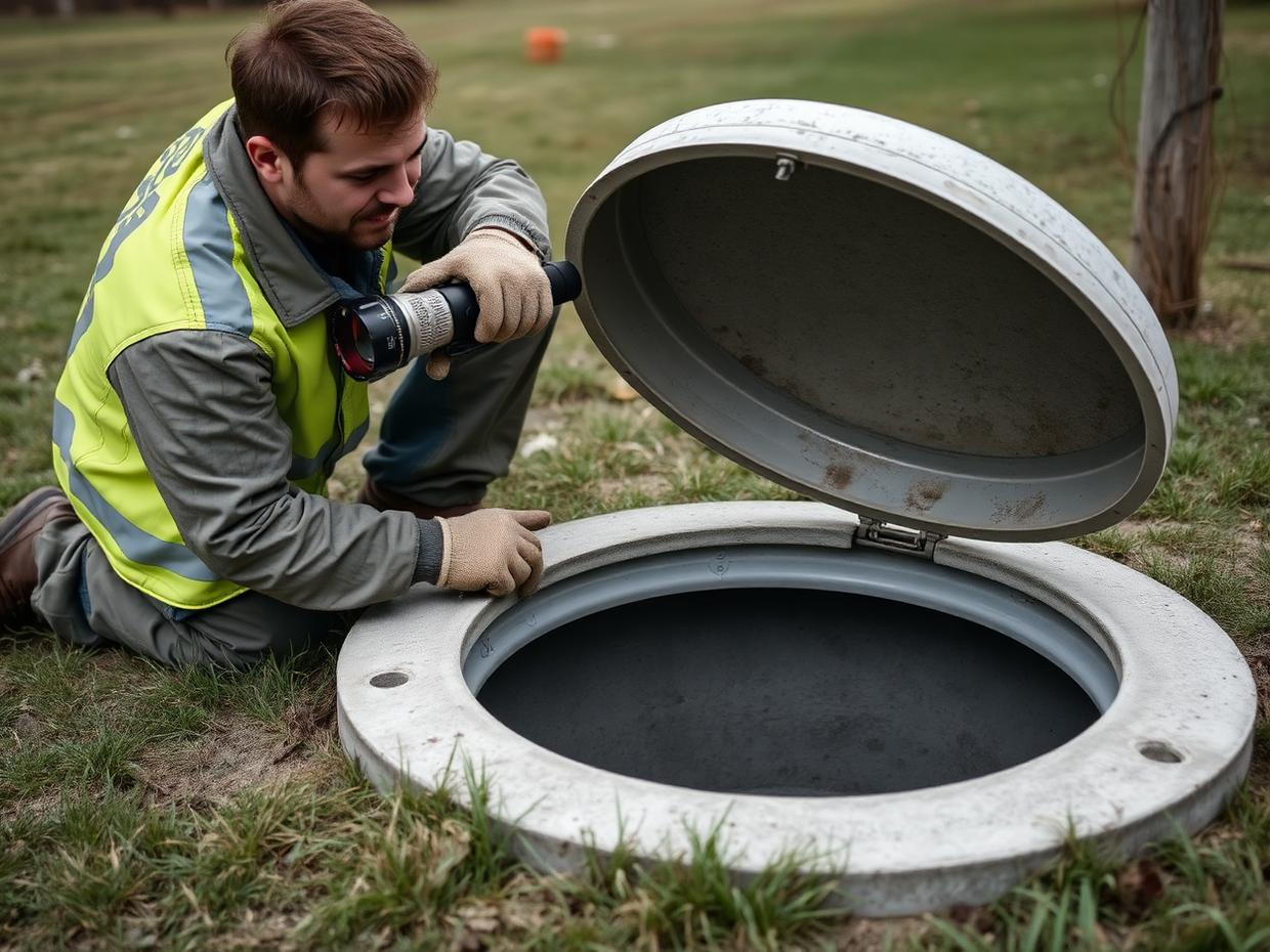 Septic Inspection job in Hurley, NY — Technician inspecting an open septic tank lid with a flashlight