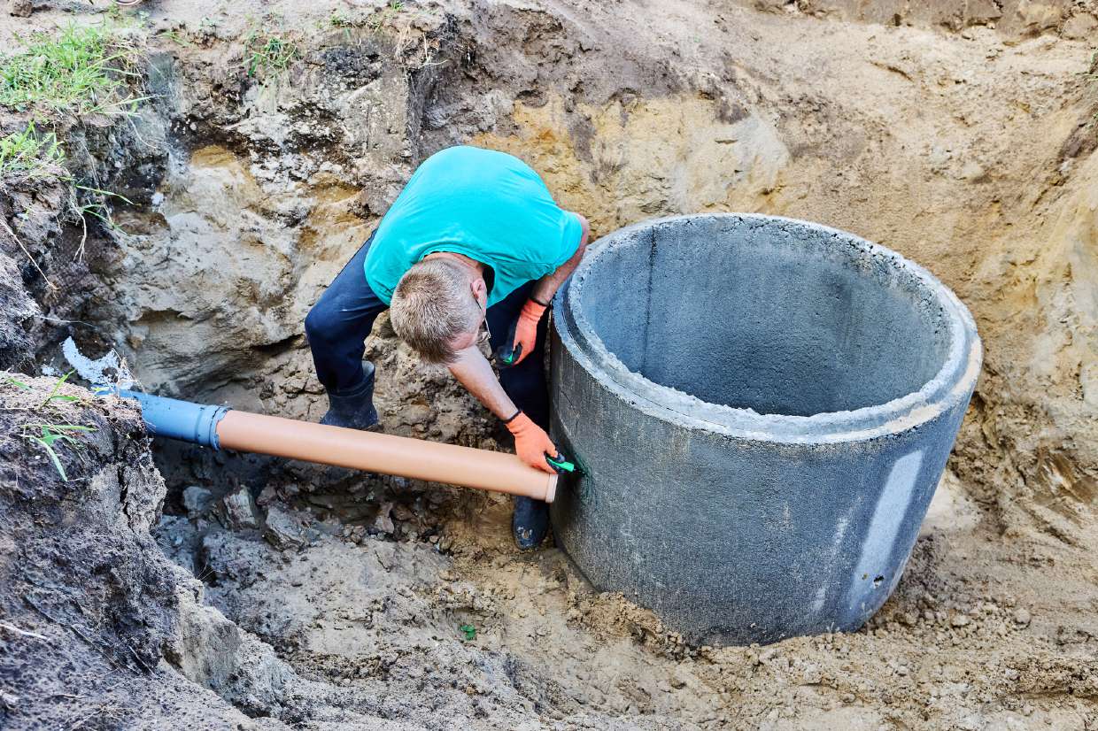 Septic Repair in Kingston, NY — Pipe connection into a concrete septic tank ring during repair