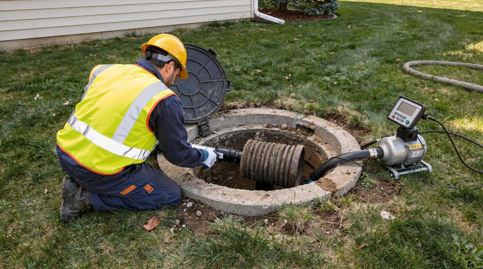 A technician inspecting a septic tank after a reported backup in Kingston, NY.