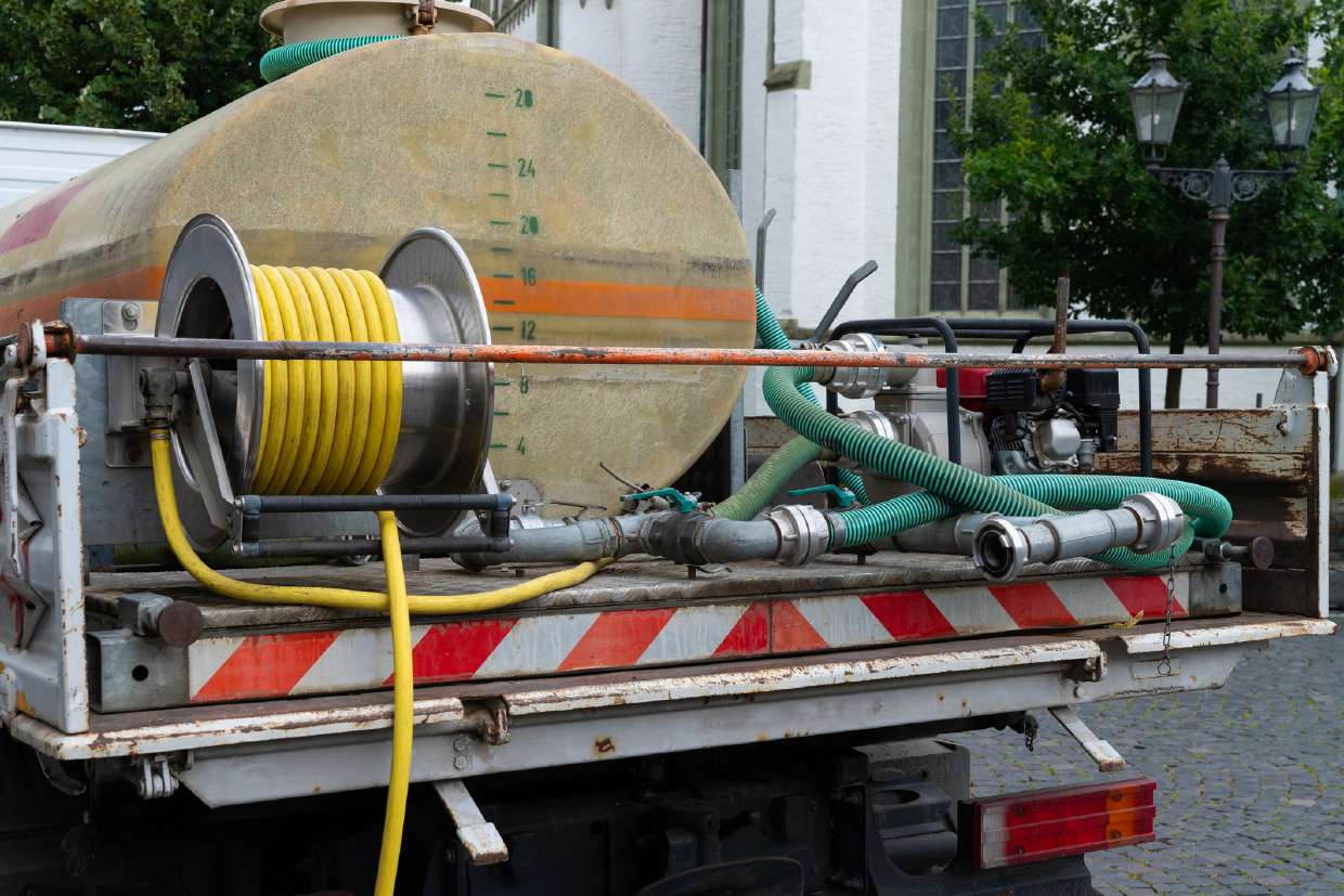 Hose reel and equipment on a septic service truck