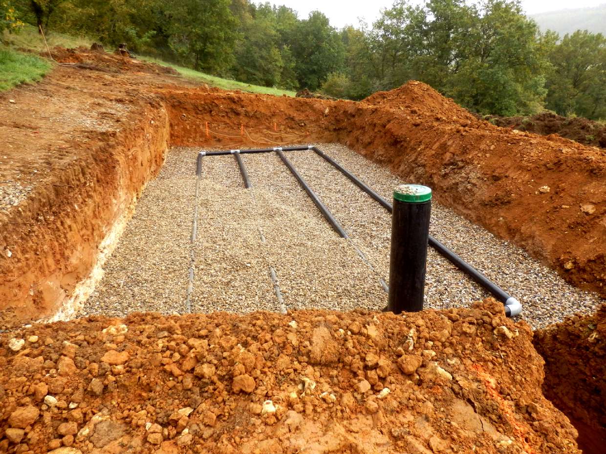 Gravel leach field trench prepared for a septic system