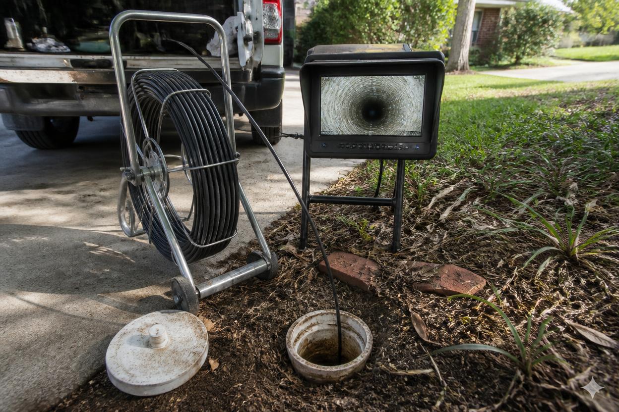 Sewer camera reel and monitor set up at a driveway cleanout — New Paltz, NY