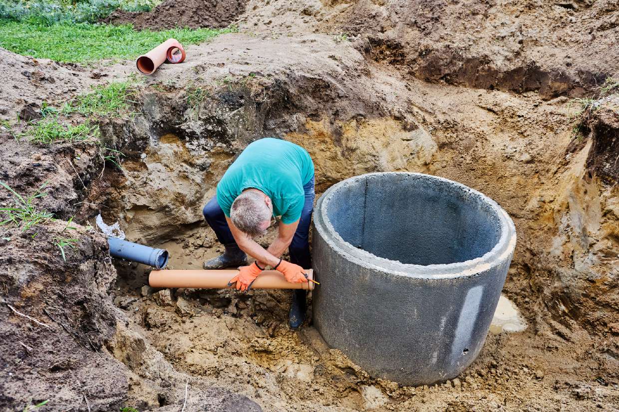 Septic Repair in Kingston, NY — Technician setting a concrete septic tank riser during a repair excavation
