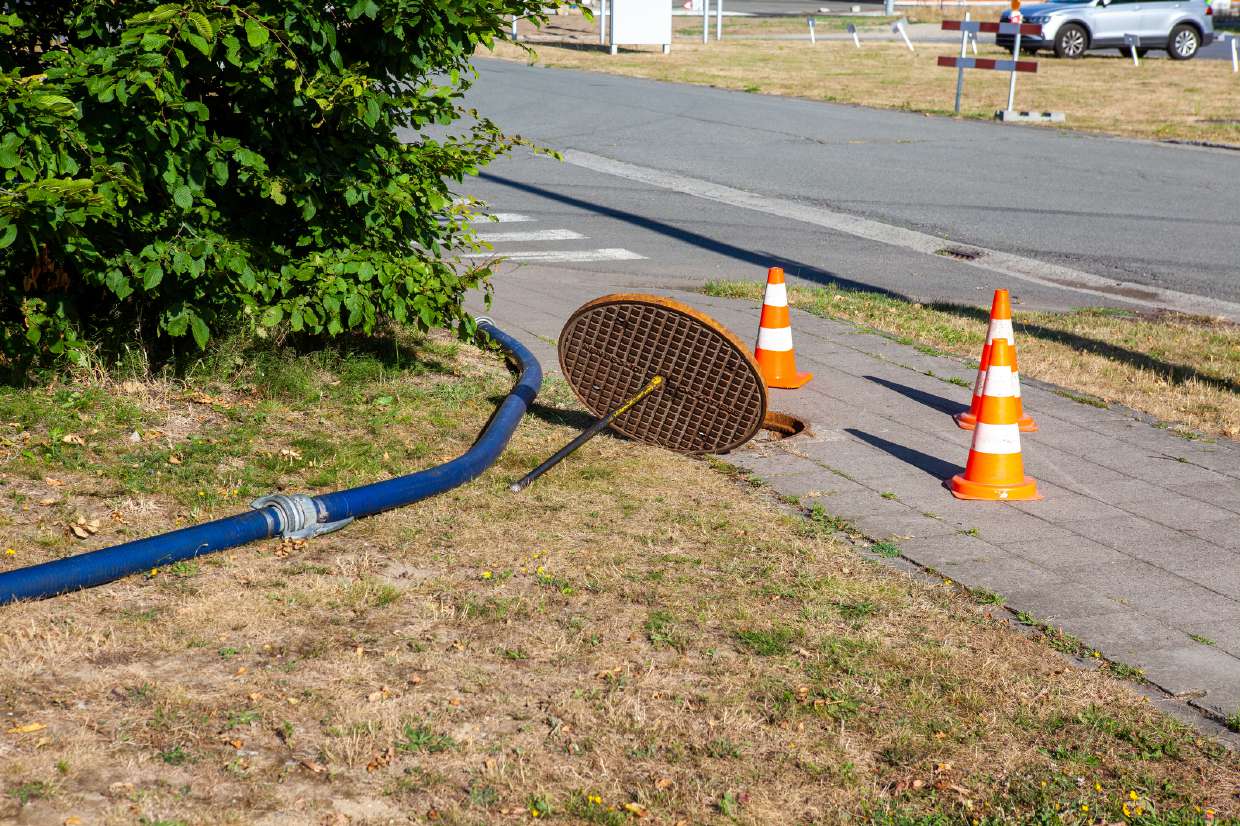 Discharge hose run across a lawn during a pump-out in New Paltz, NY