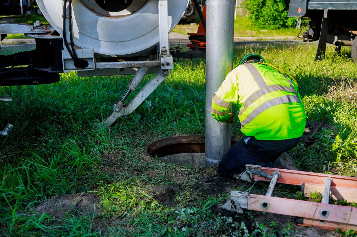 Sewer Camera Inspection in Kingston, NY — Technician working at an open manhole beside a service truck