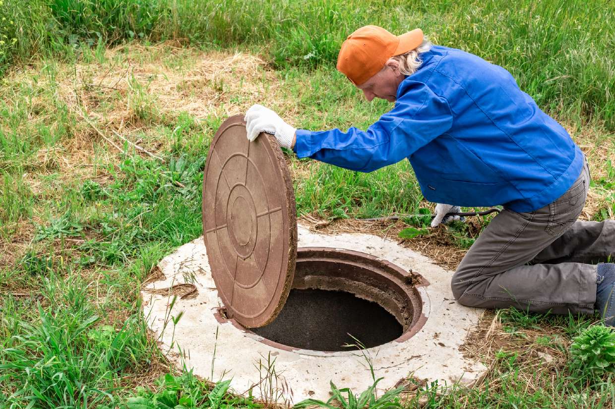 Septic inspector lifting a tank lid at a Kingston, NY home
