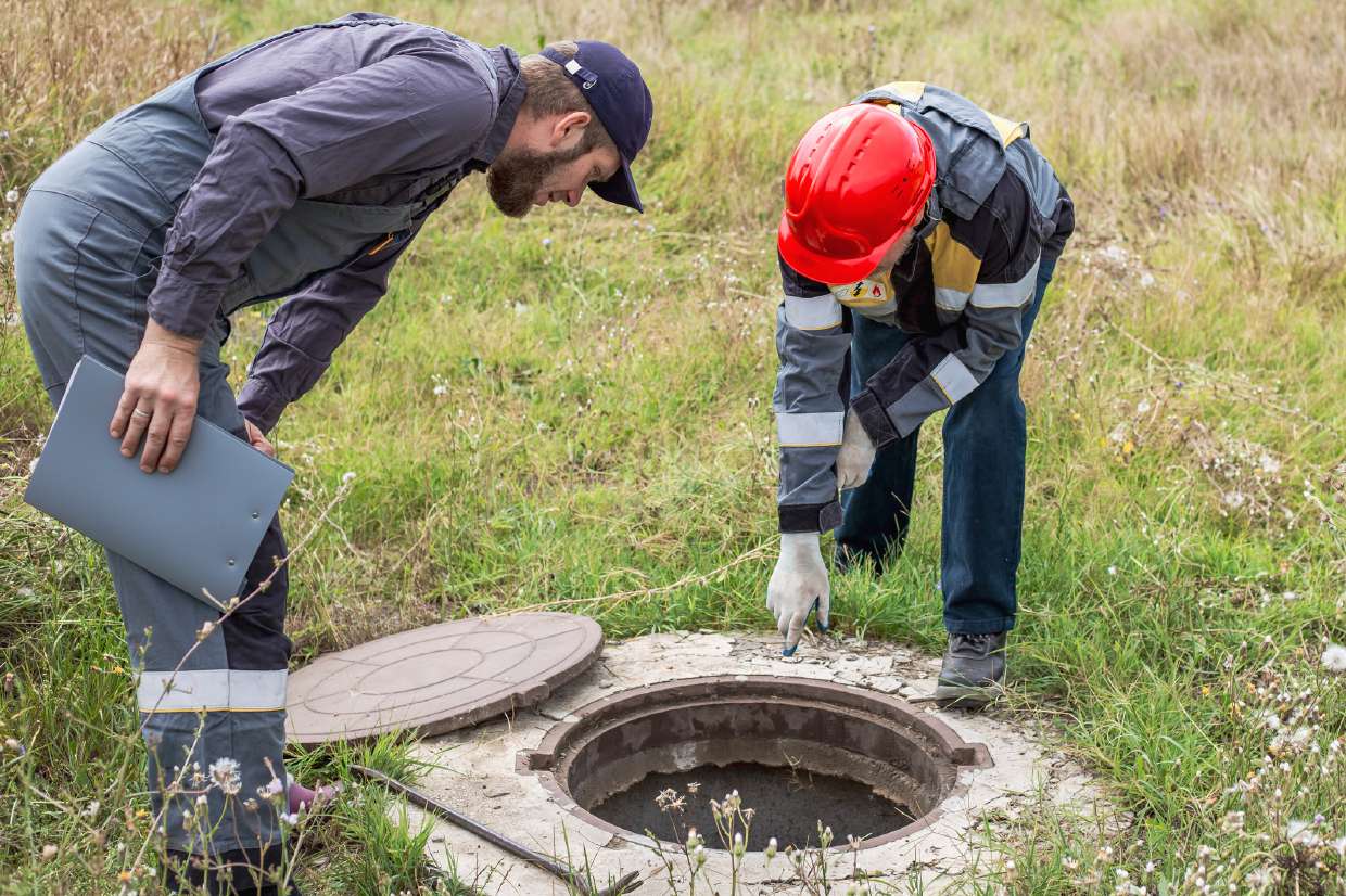 Septic Inspection in Kingston, NY — Septic inspector documenting findings at an open tank