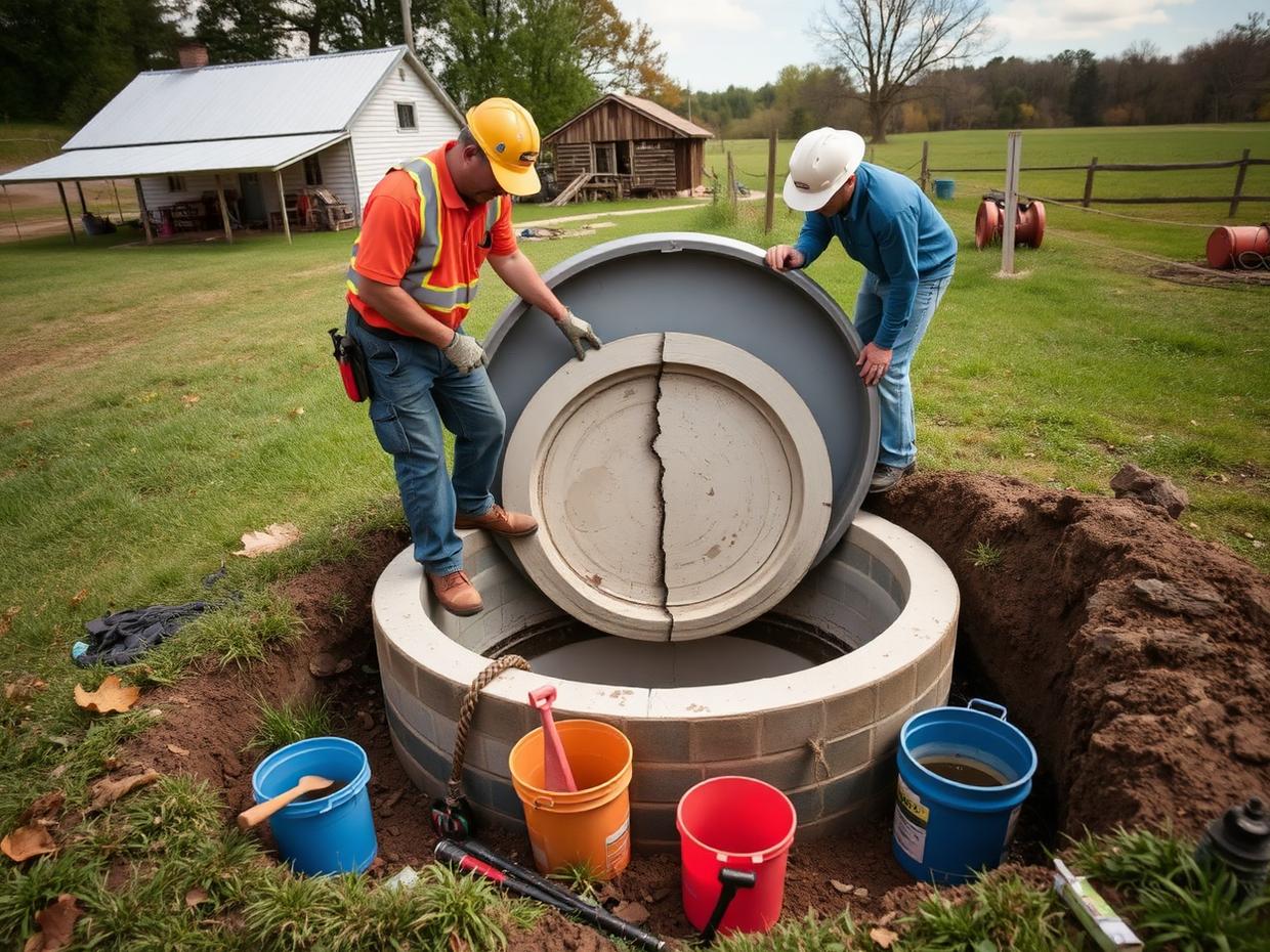Inspector Septic crew performing septic inspection near Hurley, NY — Crew replacing a cracked baffle inside an open septic tank