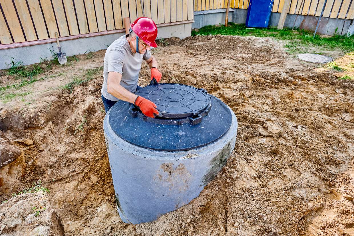 Technician sealing a new septic tank lid