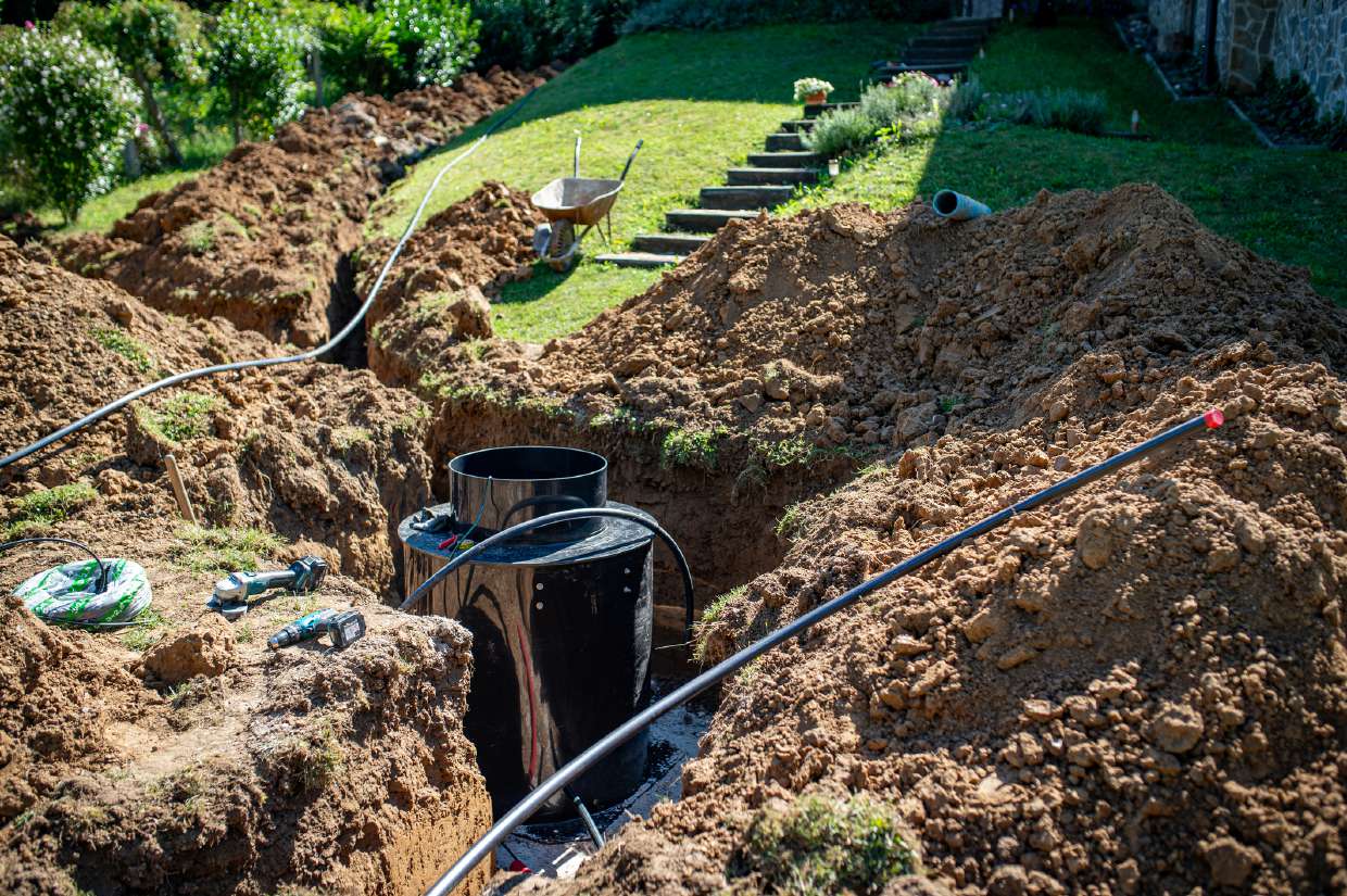 Hillside excavation with septic tanks being installed