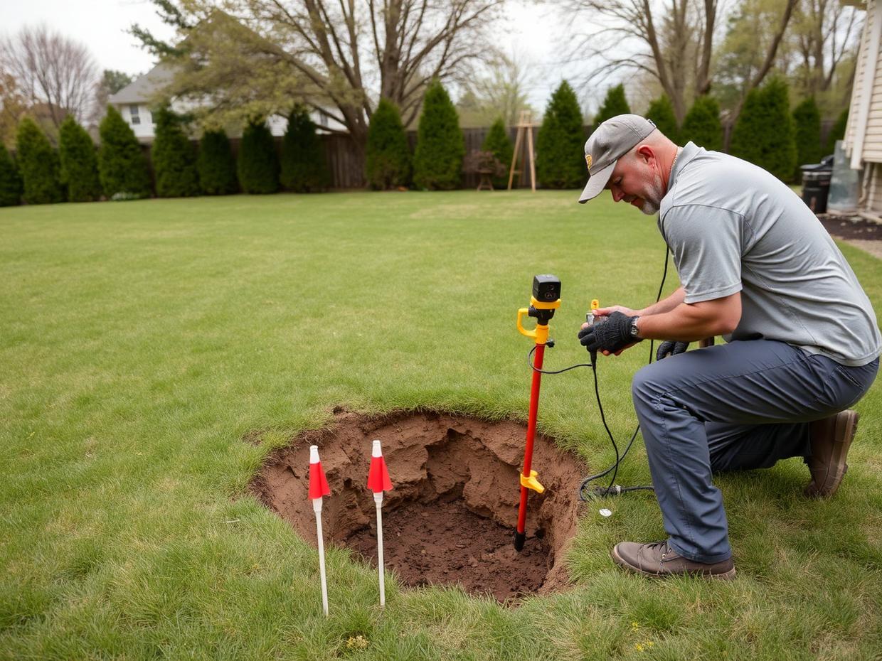 Septic Tank & Leach Field Locating/Mapping job in Kingston, NY — Technician locating a buried septic tank with marking flags