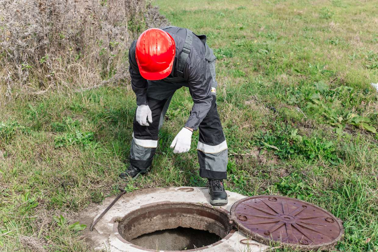 Technician lifting a manhole cover in a grassy yard in Hurley, NY