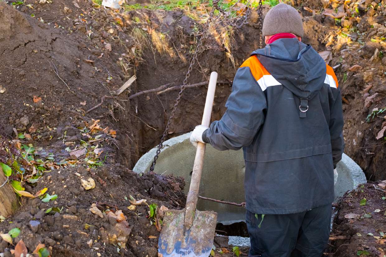 Worker with a shovel at a septic excavation