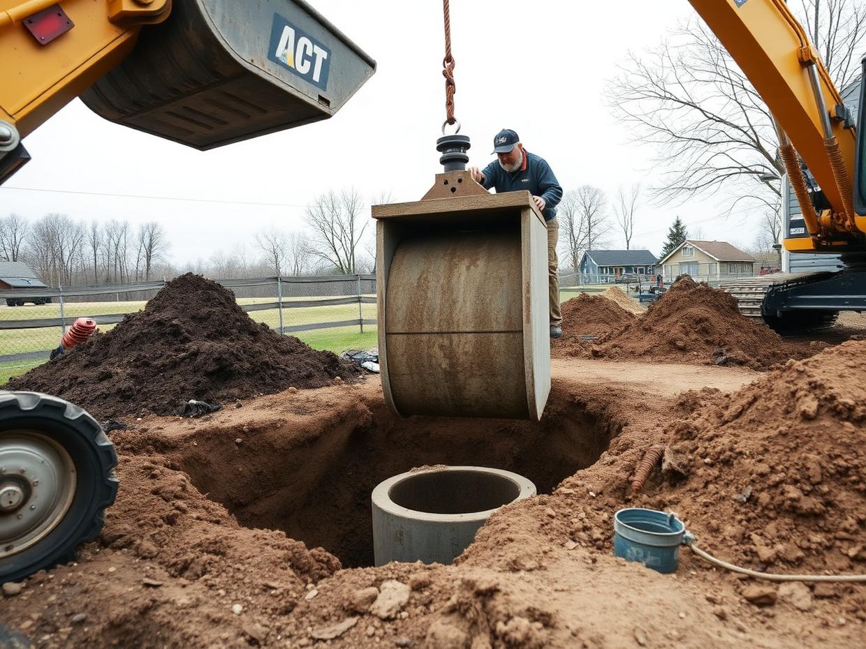 Inspector Septic crew performing septic repair near Hurley, NY — New concrete riser lowered into a freshly dug excavation