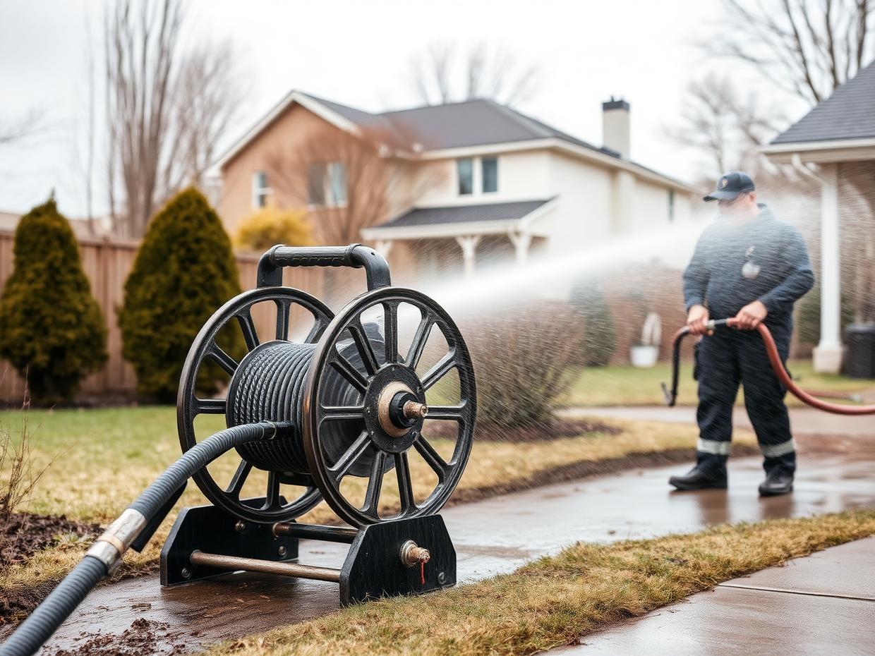 Sewer Snaking / Roto-Rooter Service job in Hurley, NY — Hydro jetting hose reel clearing a residential drain line