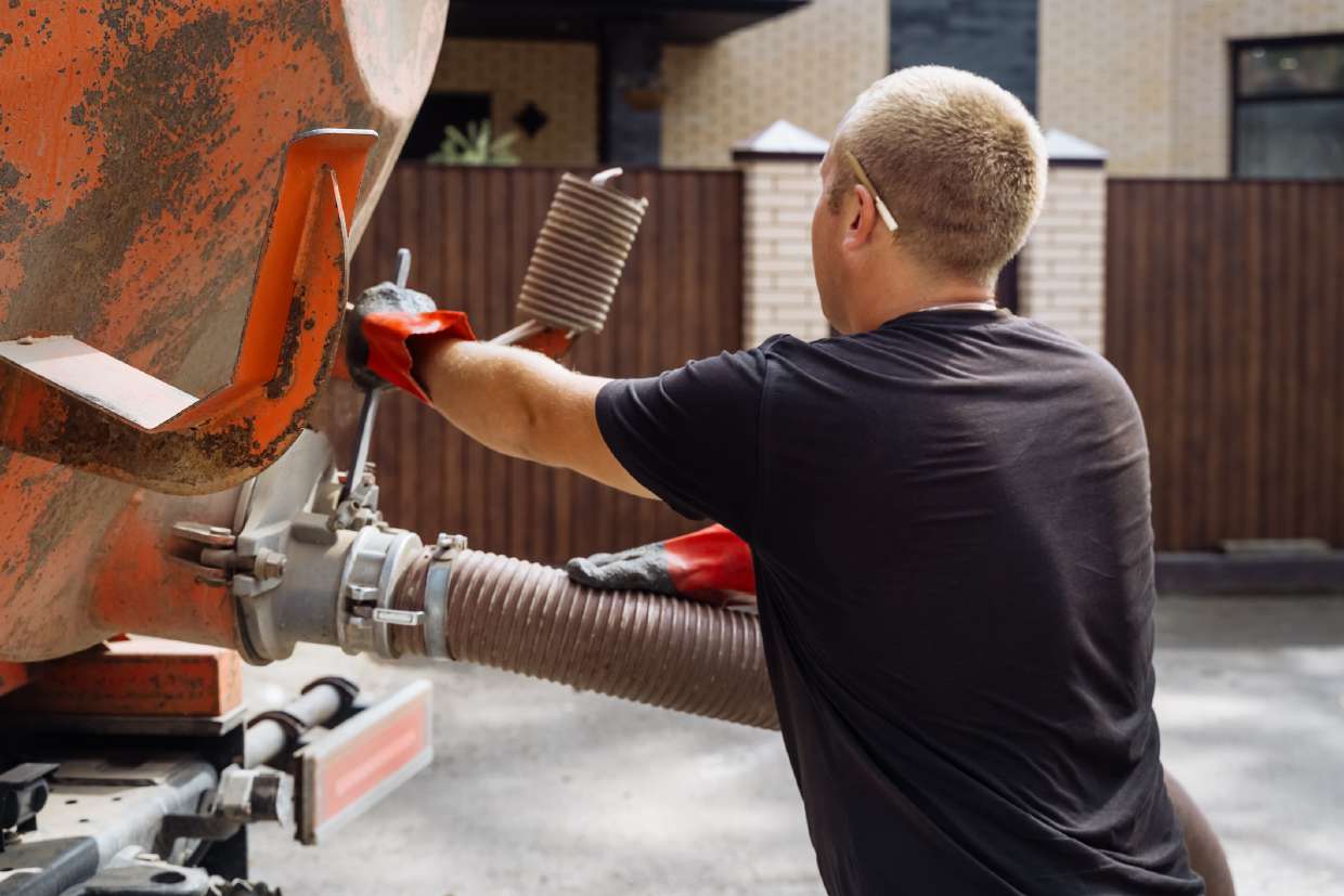 Technician operating valves on a septic vacuum truck