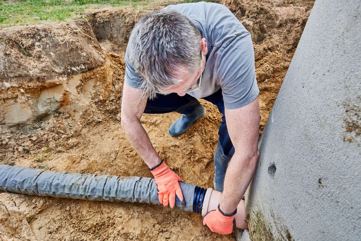 Technician connecting a hose line at a septic excavation