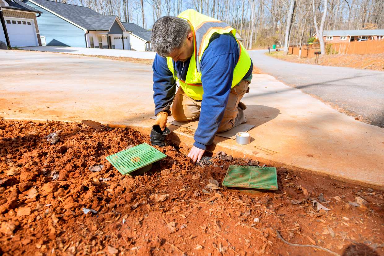 Septic Tank & Leach Field Locating/Mapping in Kingston, NY — Technician locating septic access lids in a yard