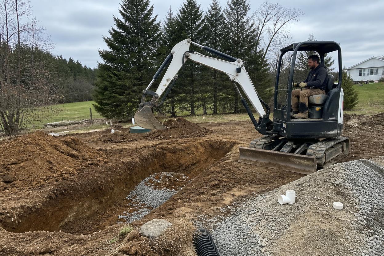 Mini excavator digging a leach field trench on a rural property — Saugerties, NY