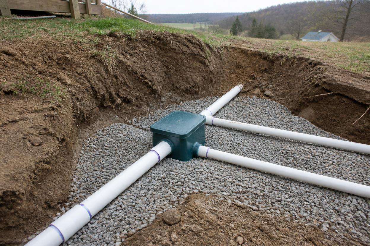 New distribution box and PVC laterals set in gravel bedding — Hurley, NY