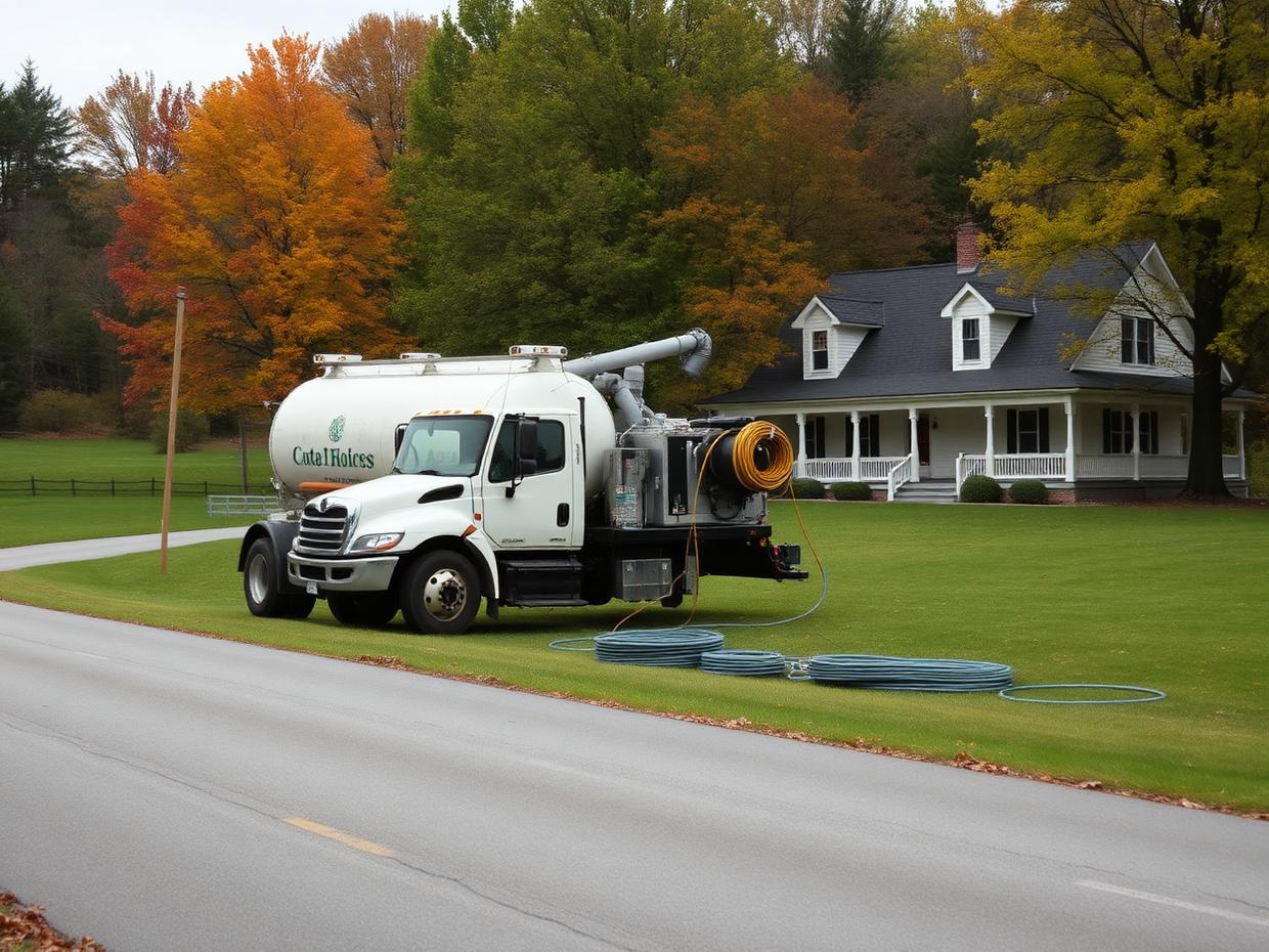Inspector Septic crew performing sewer snaking / roto-rooter service near Hurley, NY — Septic service truck staged outside a Hudson Valley farmhouse