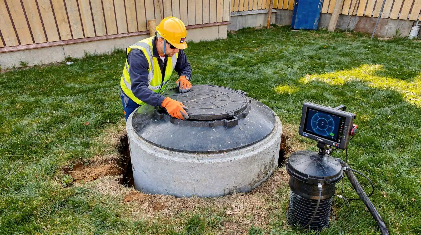 A septic technician checking tank condition during routine maintenance in Woodstock, NY.