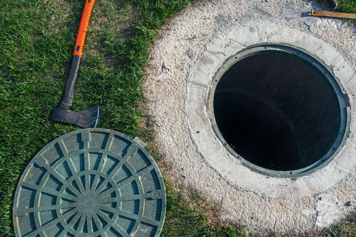 Septic Inspection in Kingston, NY — Open septic tank with the cover set aside for inspection