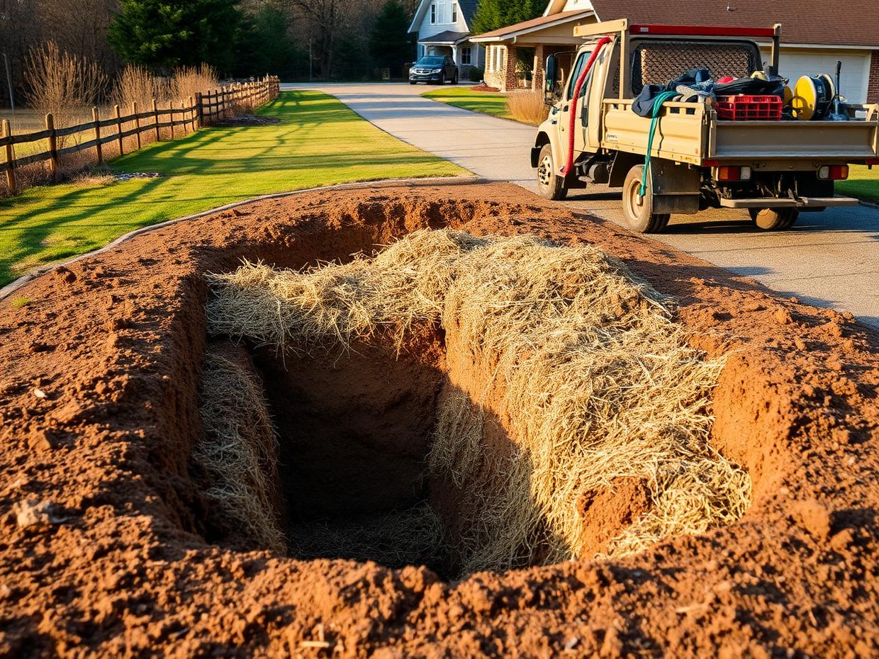 Finished septic repair backfilled, graded and strawed beside a work truck