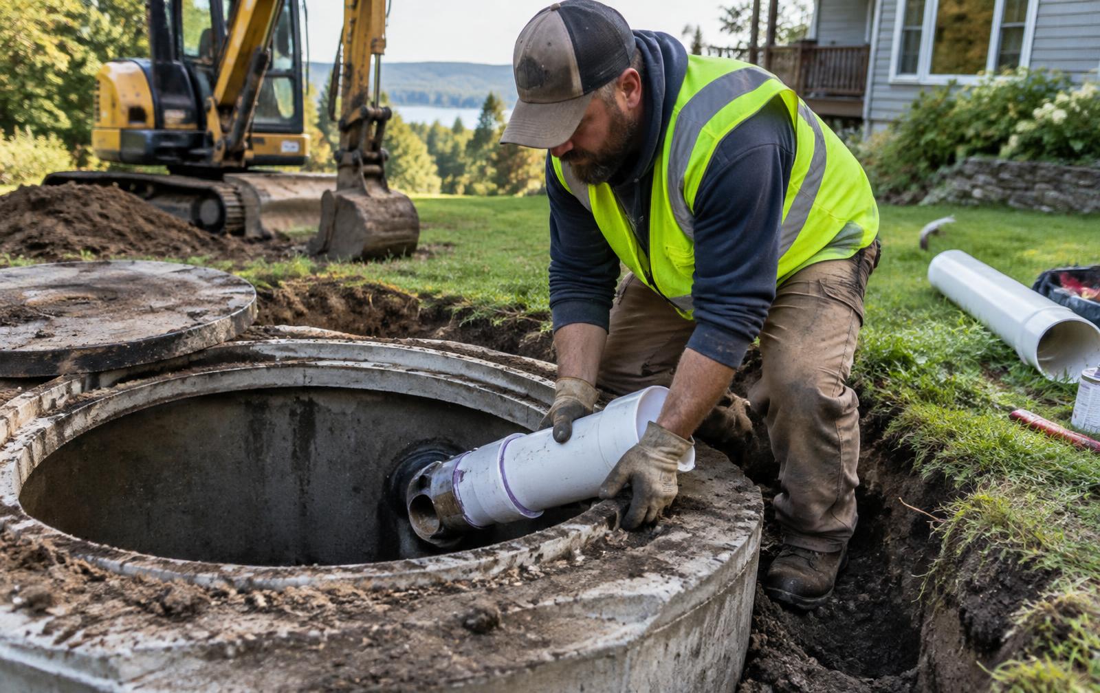 A technician replacing a septic tank outlet pipe during a residential repair in Saugerties, NY.