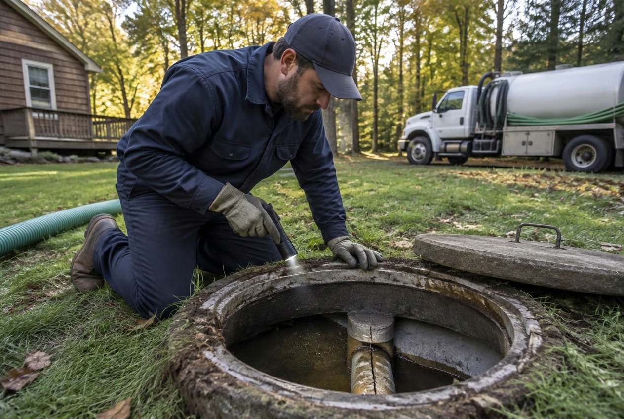 Inspecting a cracked baffle inside an open septic tank during a Kingston repair call.