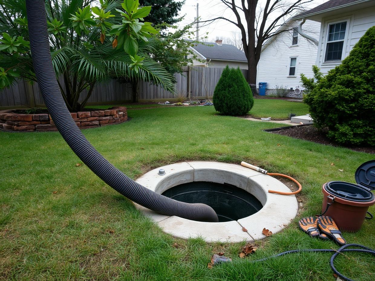 Vacuum hose running into an open septic tank access in a Kingston backyard