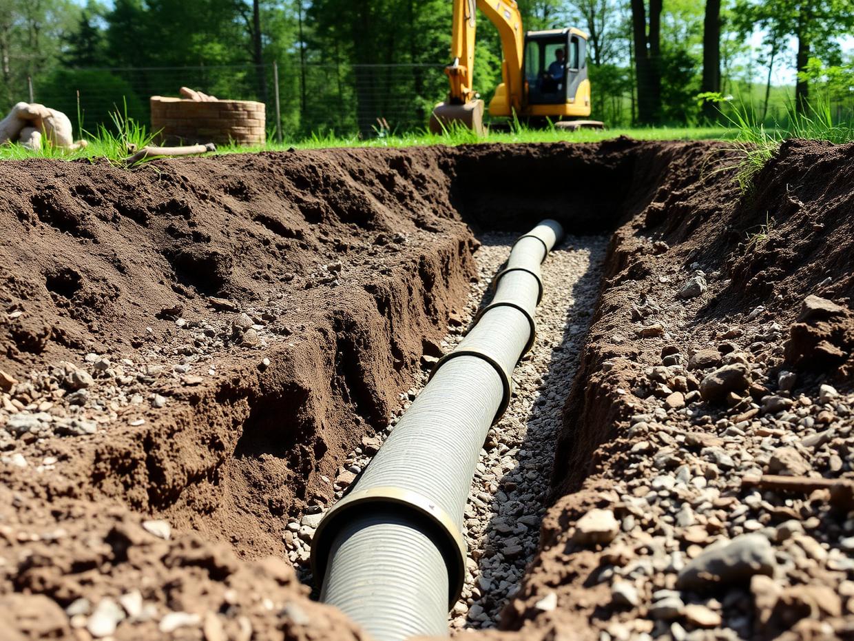 Leach field trench with new perforated pipe and gravel bedding