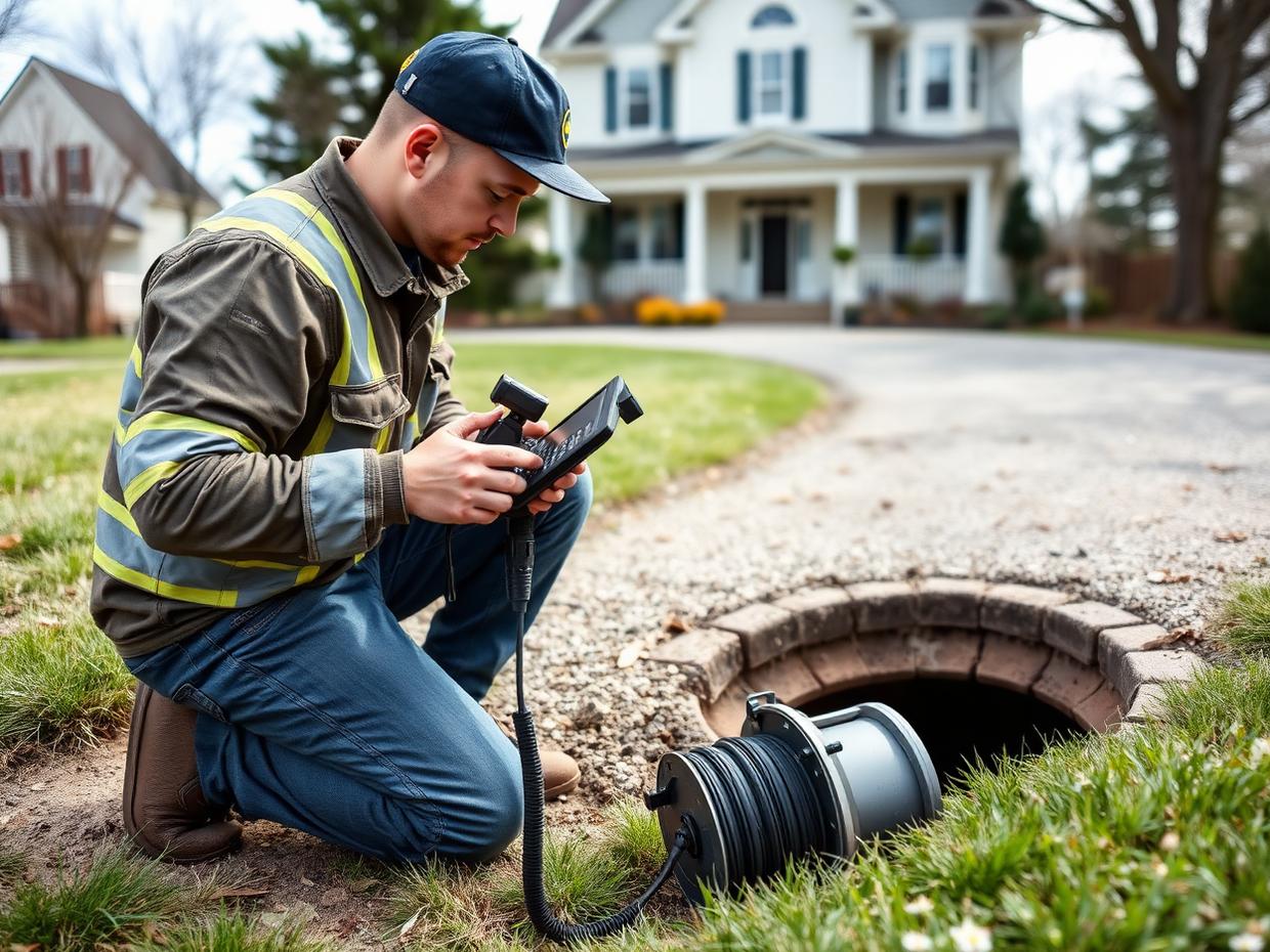 Technician running a sewer camera at a driveway cleanout