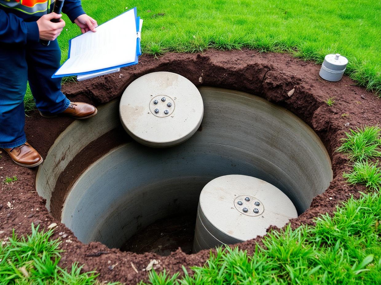 Inspector documenting an open two-compartment septic tank