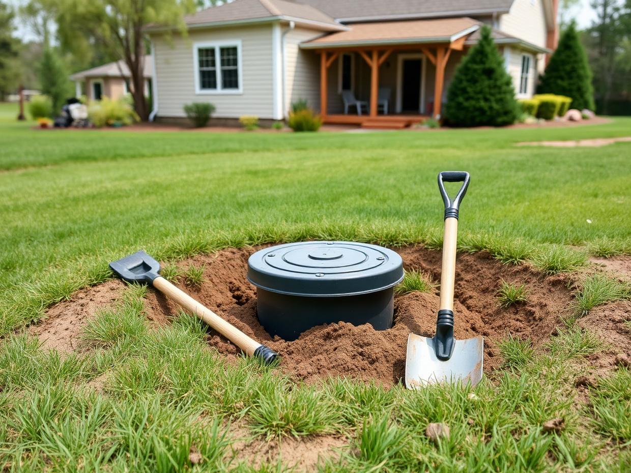 Newly installed septic riser and lid set flush with the lawn